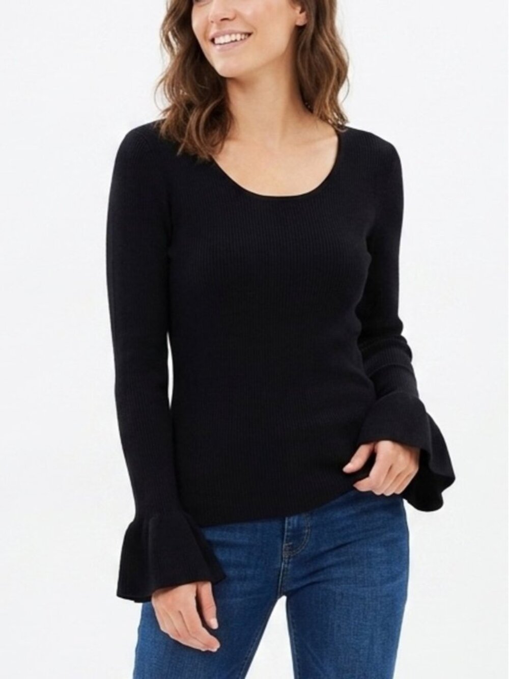 Nanette Lepore Black 100% Merino Wool Ruffle Bell Cuff Crewneck Sweater L - 580